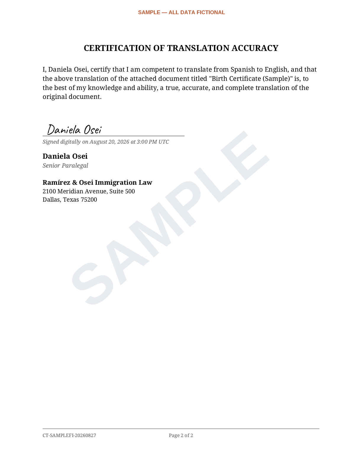 The certification page of the sample deliverable: certification of translation accuracy signed by the fictional firm's designated reviewer
